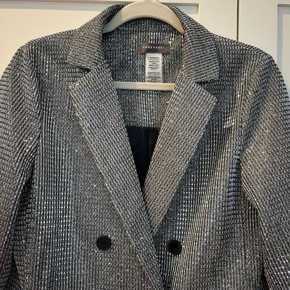NWOT Sans Souci Silver Glitter Suit Set Blazer Pants Party NYE Medium